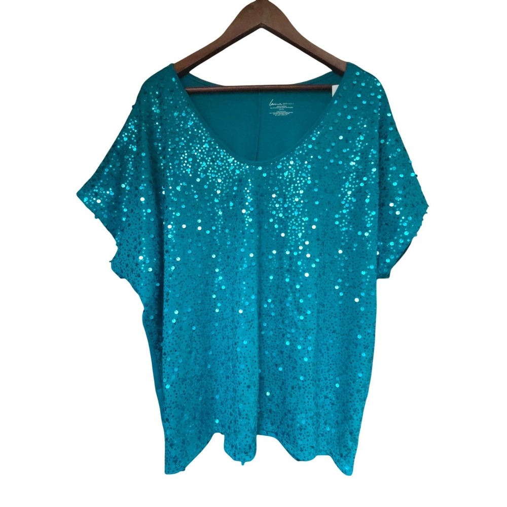 Lane Bryant Teal Blue Sequin V-Neck Dolman Sleeve Top Plus Size 22/24 NWT - Picture 2 of 6